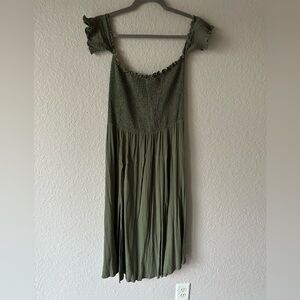 Lulus Olive Green Smocked Bodice Midi Dress Off Shoulder Puff Sleeve – L